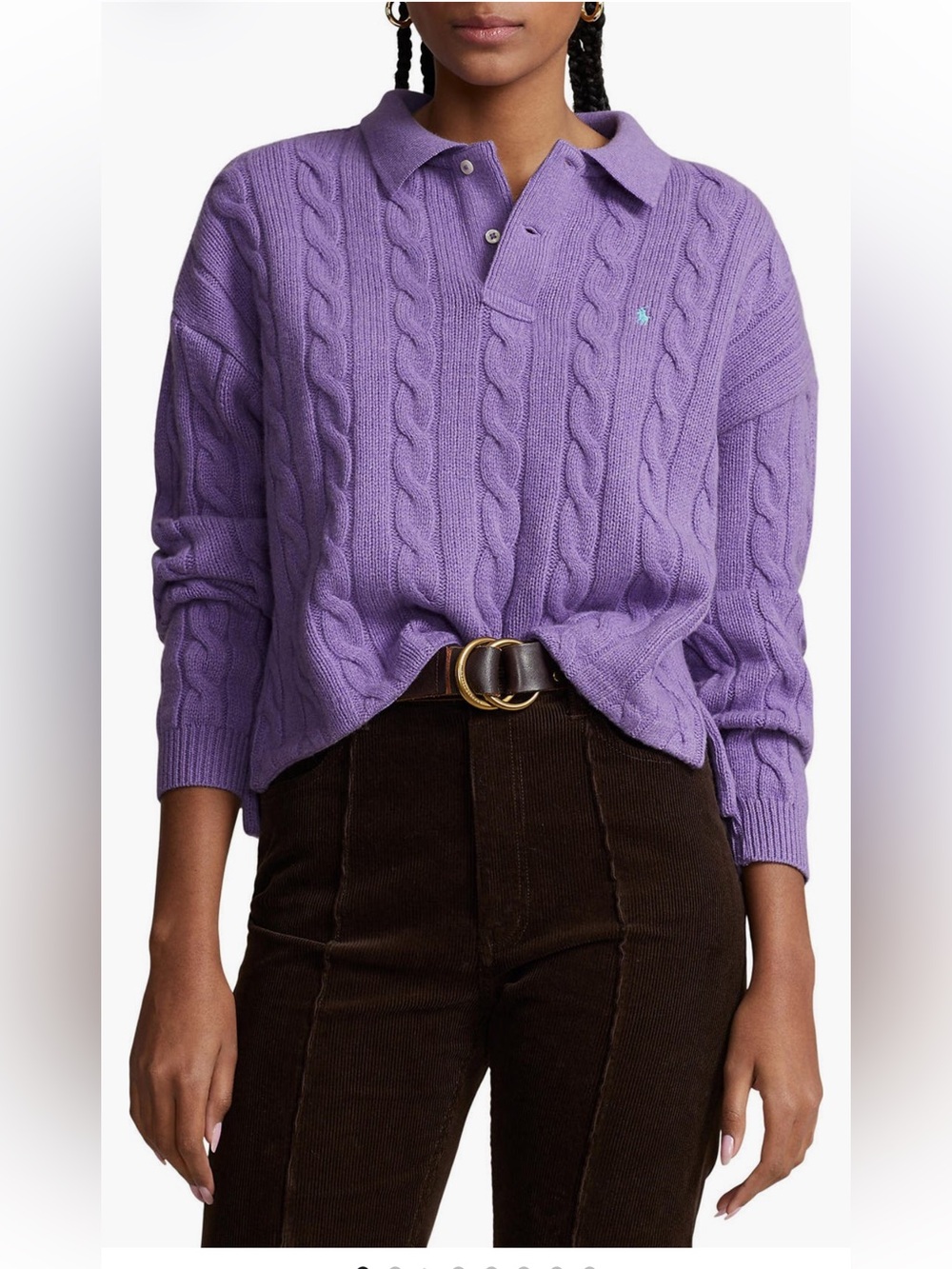 Polo Ralph Lauren Cropped Cable Knit Polo Sweater Purple XXS